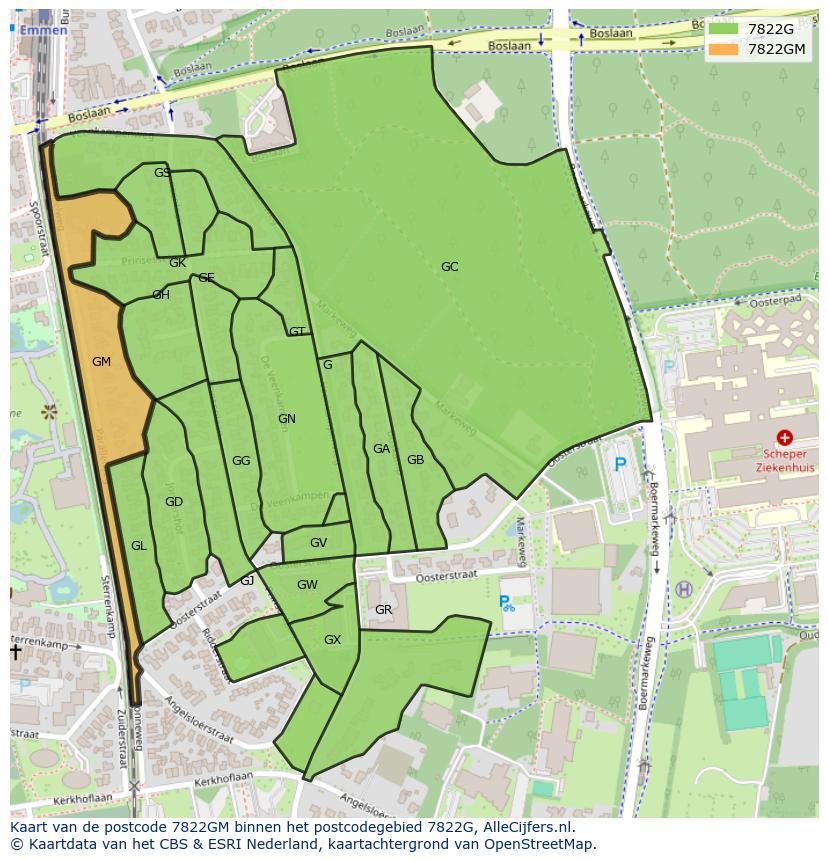 Afbeelding van het postcodegebied 7822 GM op de kaart.