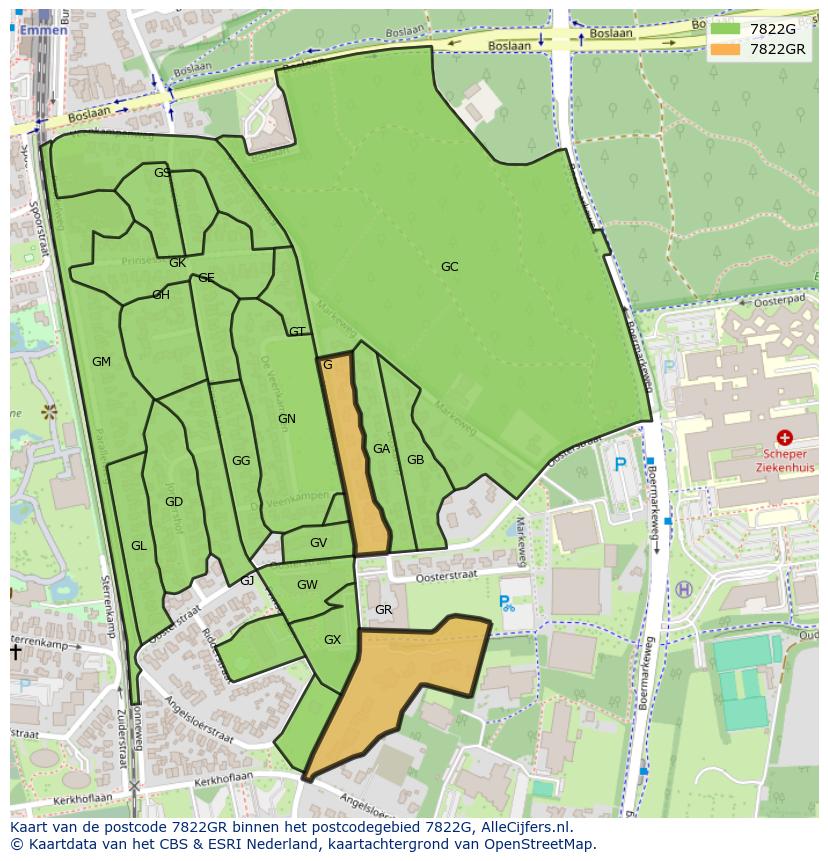 Afbeelding van het postcodegebied 7822 GR op de kaart.