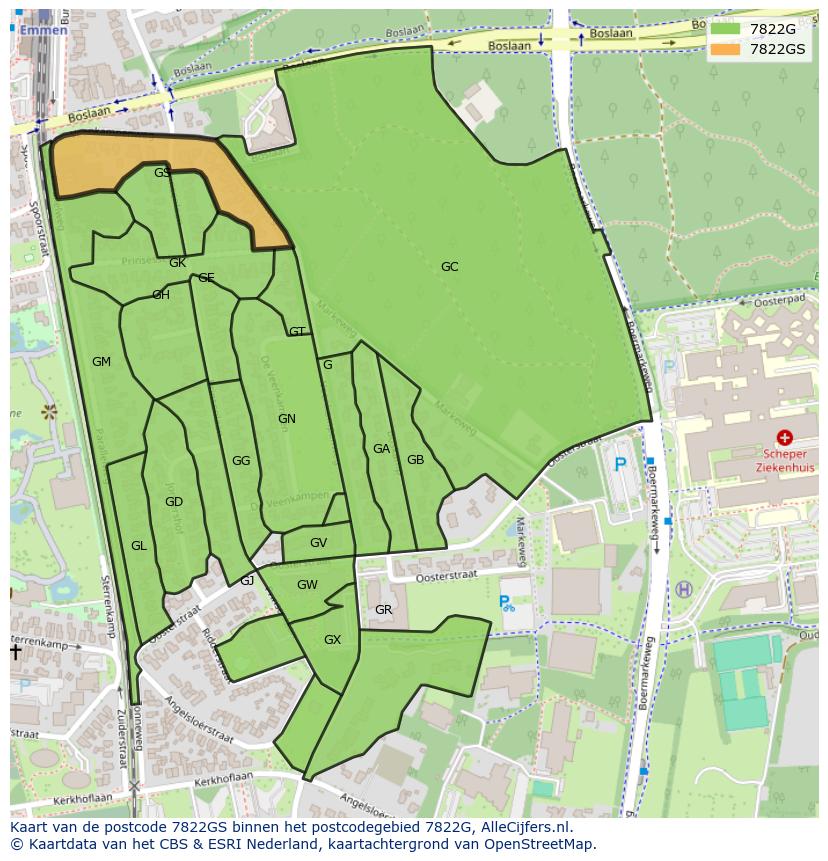 Afbeelding van het postcodegebied 7822 GS op de kaart.