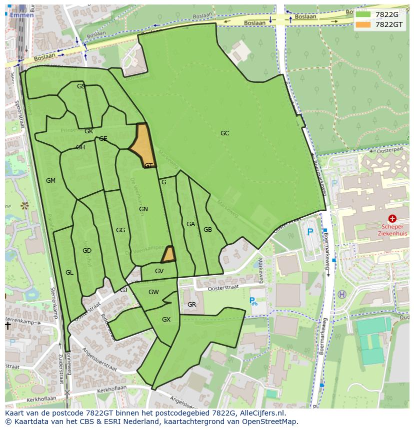 Afbeelding van het postcodegebied 7822 GT op de kaart.