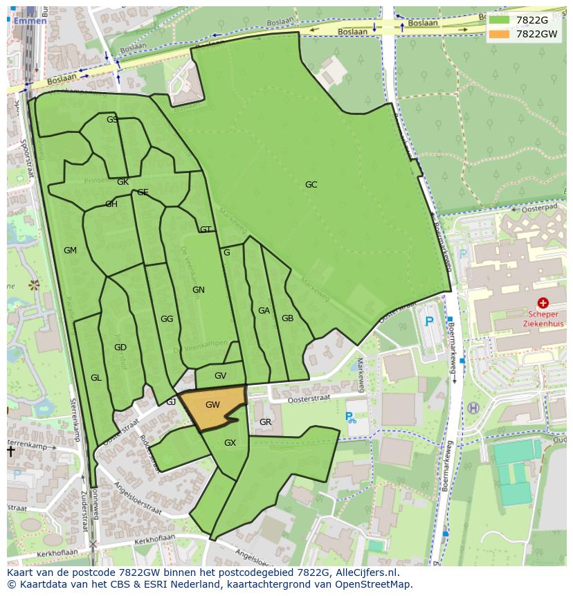 Afbeelding van het postcodegebied 7822 GW op de kaart.