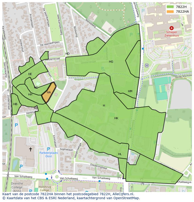 Afbeelding van het postcodegebied 7822 HA op de kaart.