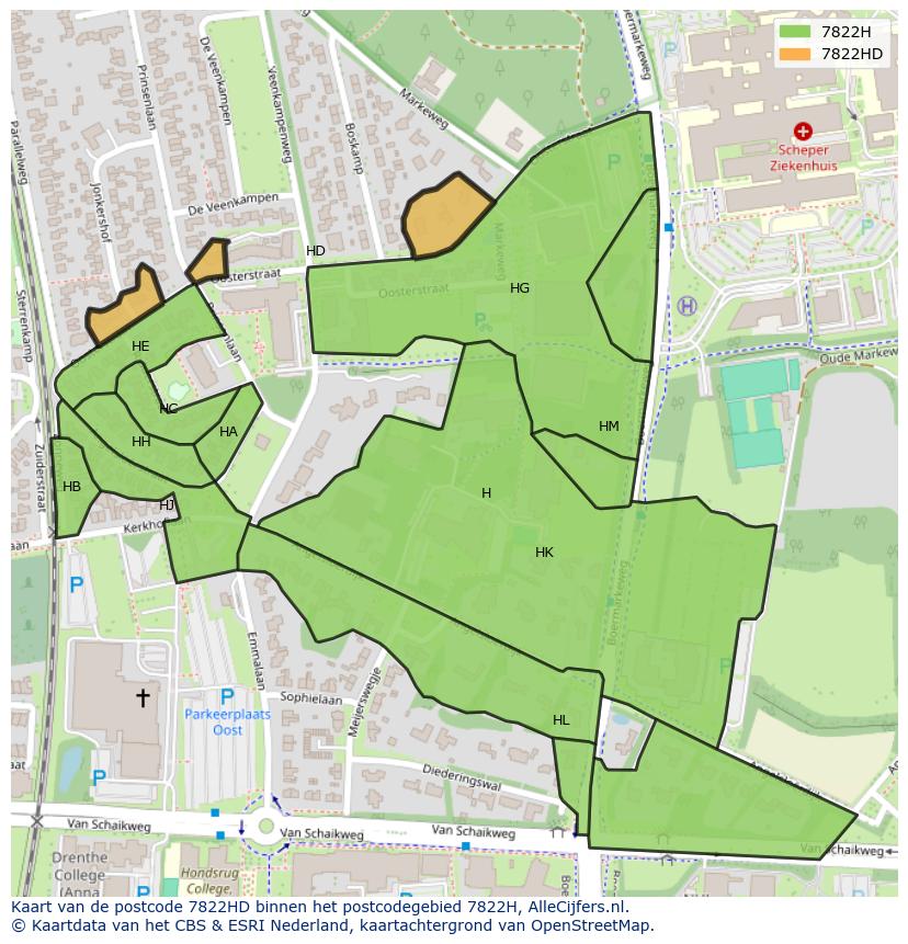 Afbeelding van het postcodegebied 7822 HD op de kaart.