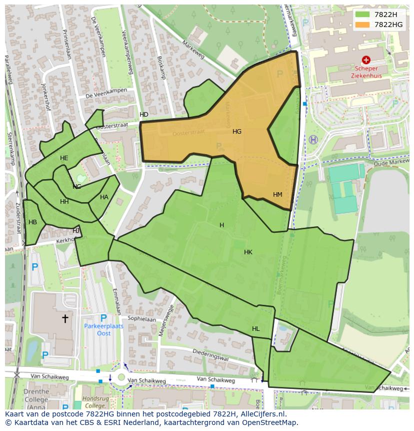 Afbeelding van het postcodegebied 7822 HG op de kaart.