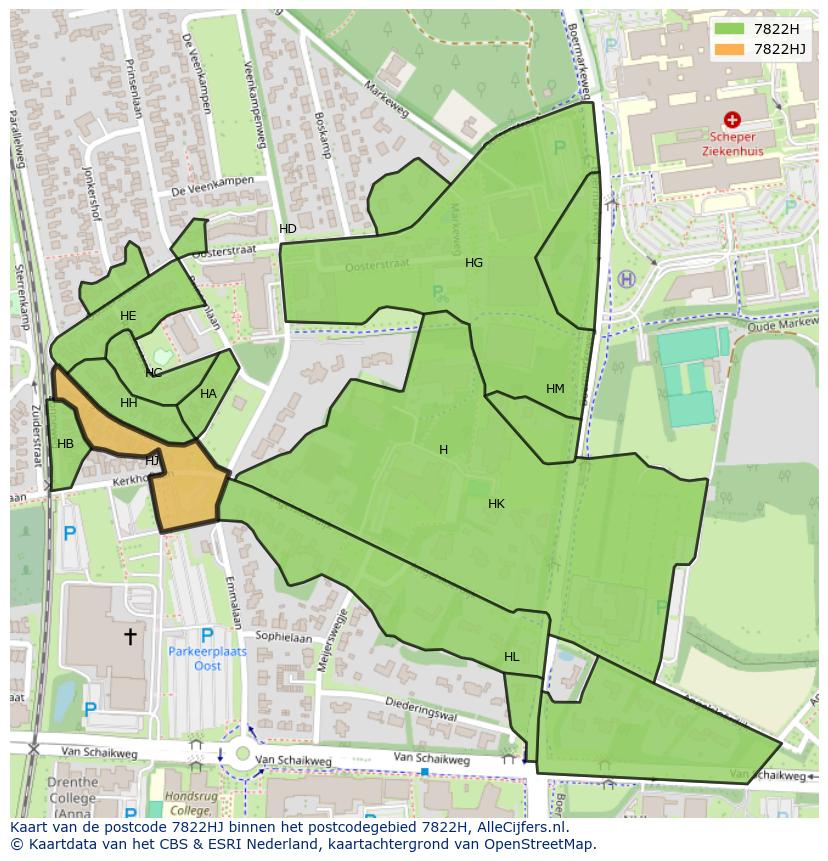 Afbeelding van het postcodegebied 7822 HJ op de kaart.