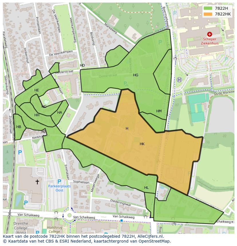 Afbeelding van het postcodegebied 7822 HK op de kaart.