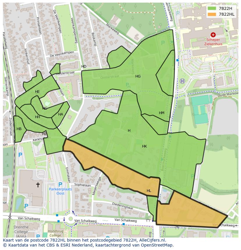 Afbeelding van het postcodegebied 7822 HL op de kaart.