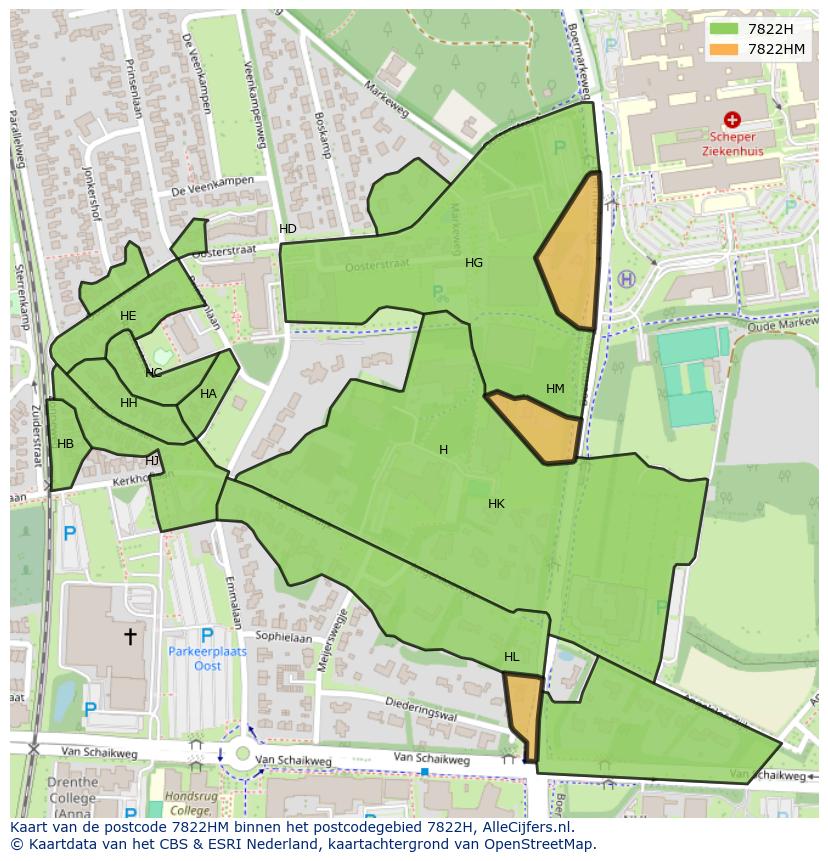 Afbeelding van het postcodegebied 7822 HM op de kaart.