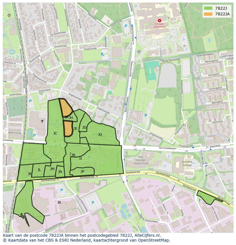 Afbeelding van het postcodegebied 7822 JA op de kaart.