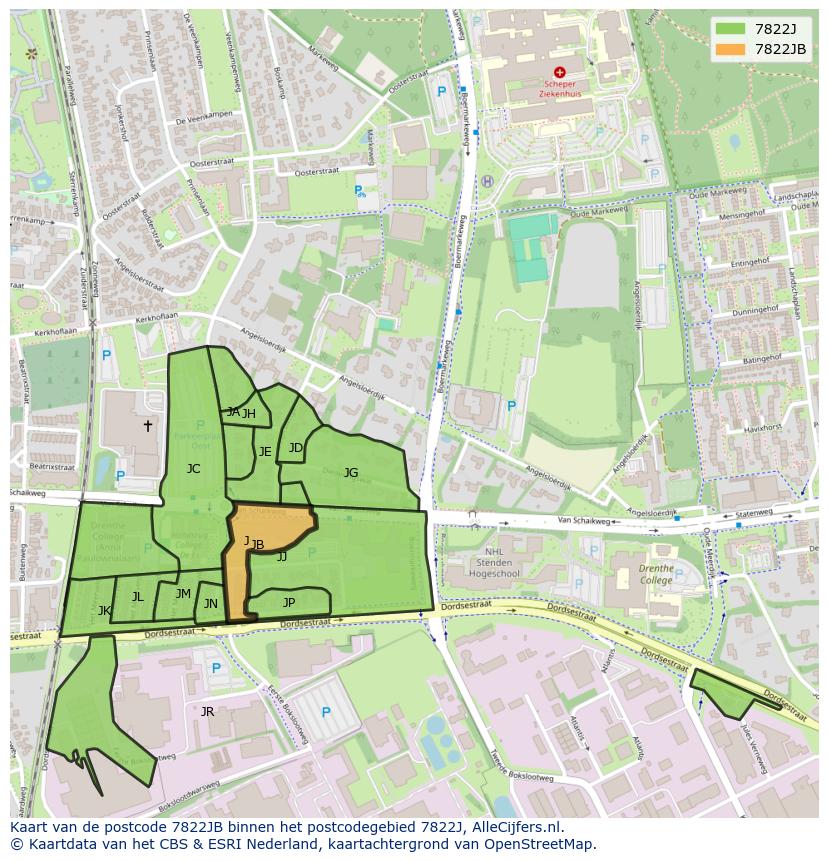 Afbeelding van het postcodegebied 7822 JB op de kaart.