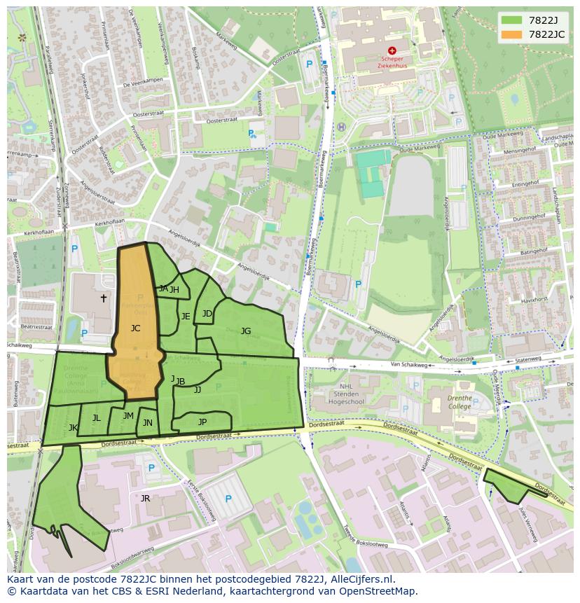 Afbeelding van het postcodegebied 7822 JC op de kaart.