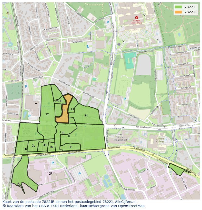 Afbeelding van het postcodegebied 7822 JE op de kaart.