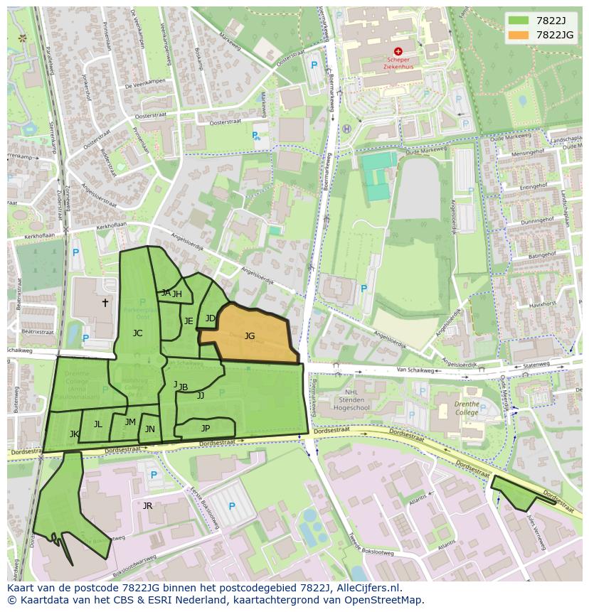 Afbeelding van het postcodegebied 7822 JG op de kaart.