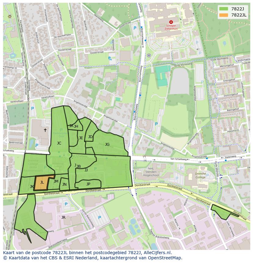 Afbeelding van het postcodegebied 7822 JL op de kaart.