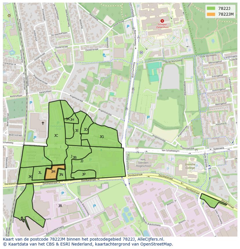 Afbeelding van het postcodegebied 7822 JM op de kaart.
