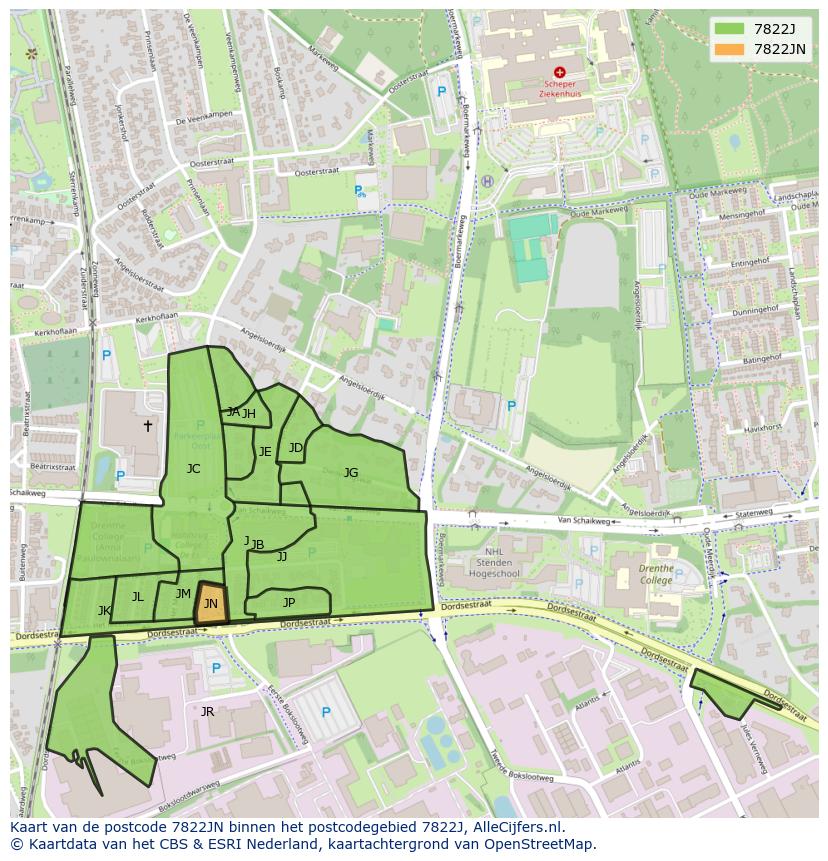 Afbeelding van het postcodegebied 7822 JN op de kaart.