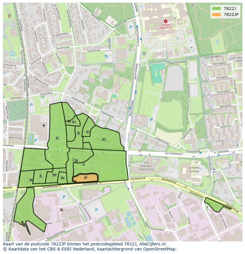 Afbeelding van het postcodegebied 7822 JP op de kaart.