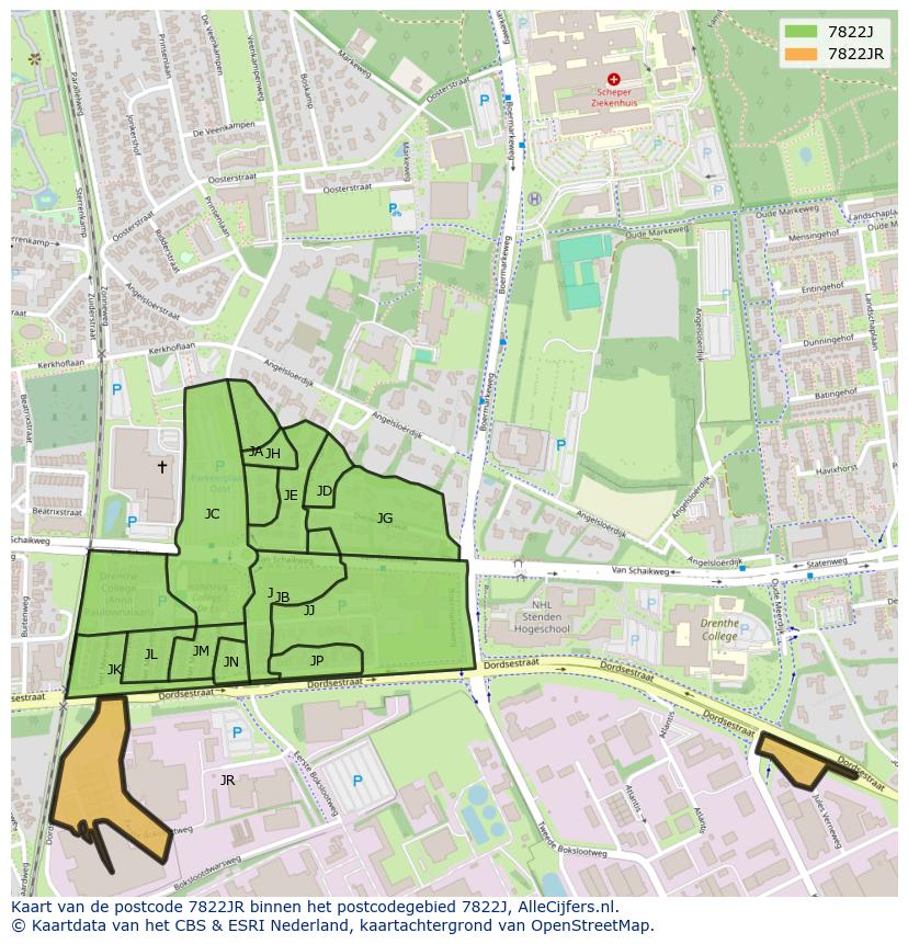 Afbeelding van het postcodegebied 7822 JR op de kaart.