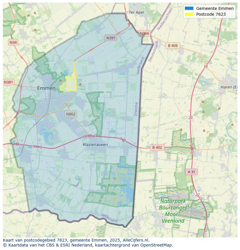 Afbeelding van het postcodegebied 7823 op de kaart.