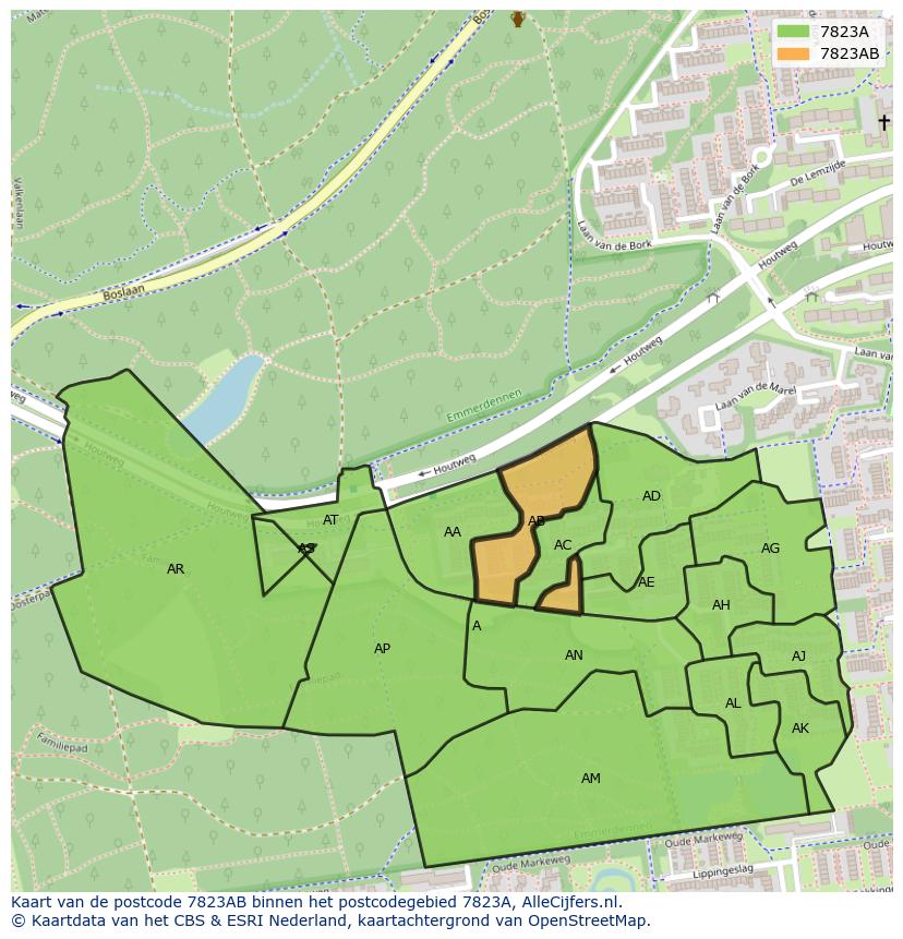 Afbeelding van het postcodegebied 7823 AB op de kaart.