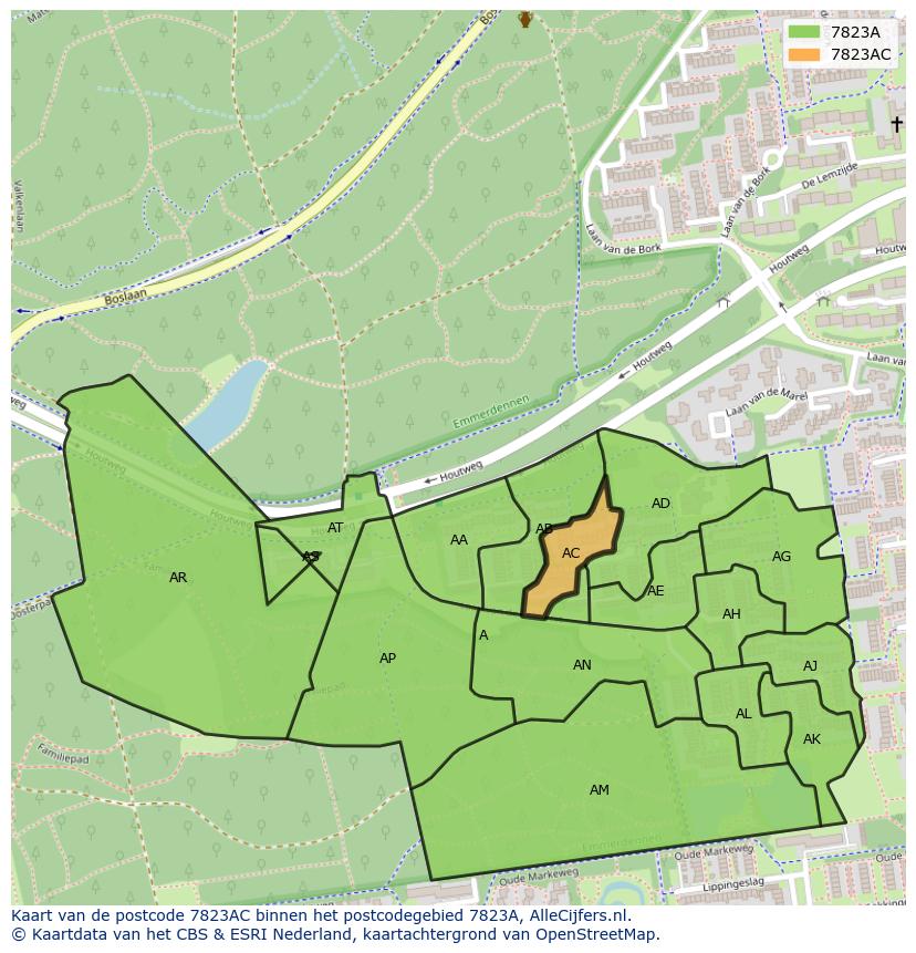 Afbeelding van het postcodegebied 7823 AC op de kaart.