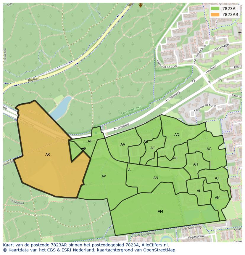 Afbeelding van het postcodegebied 7823 AR op de kaart.