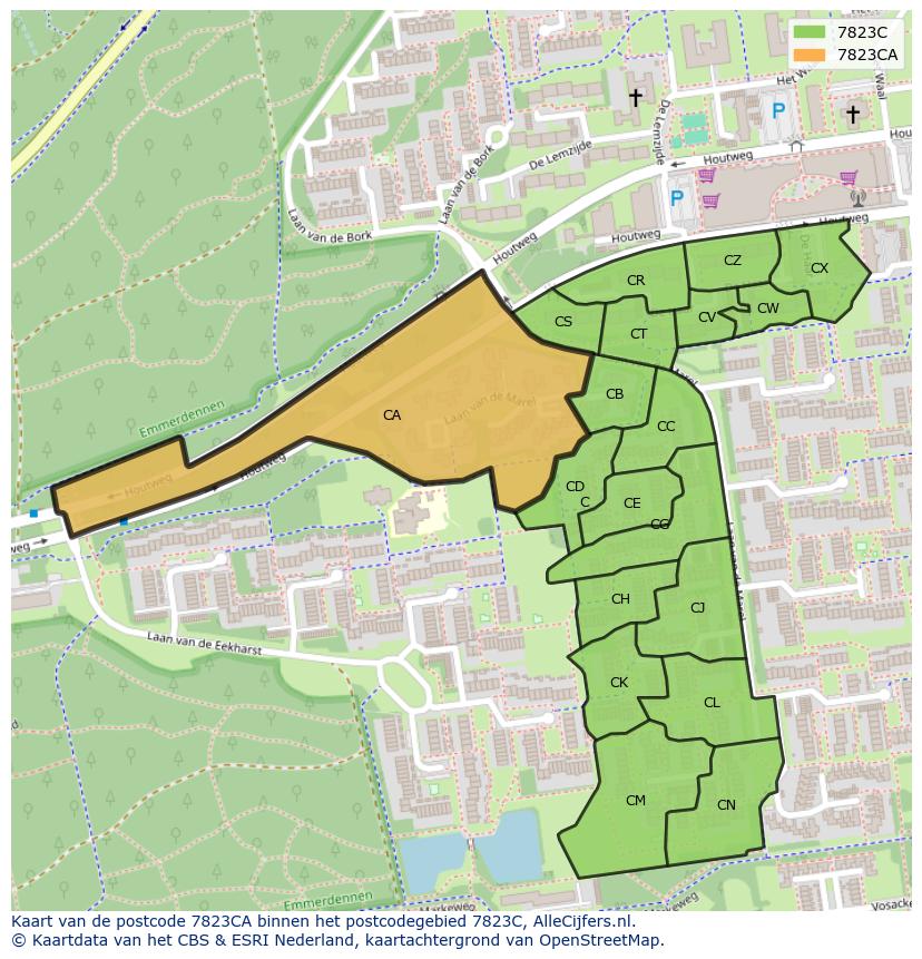 Afbeelding van het postcodegebied 7823 CA op de kaart.