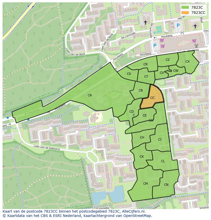 Afbeelding van het postcodegebied 7823 CC op de kaart.