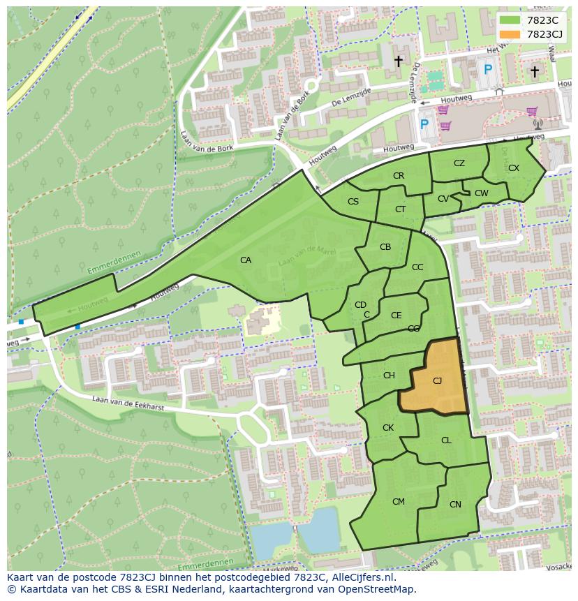Afbeelding van het postcodegebied 7823 CJ op de kaart.