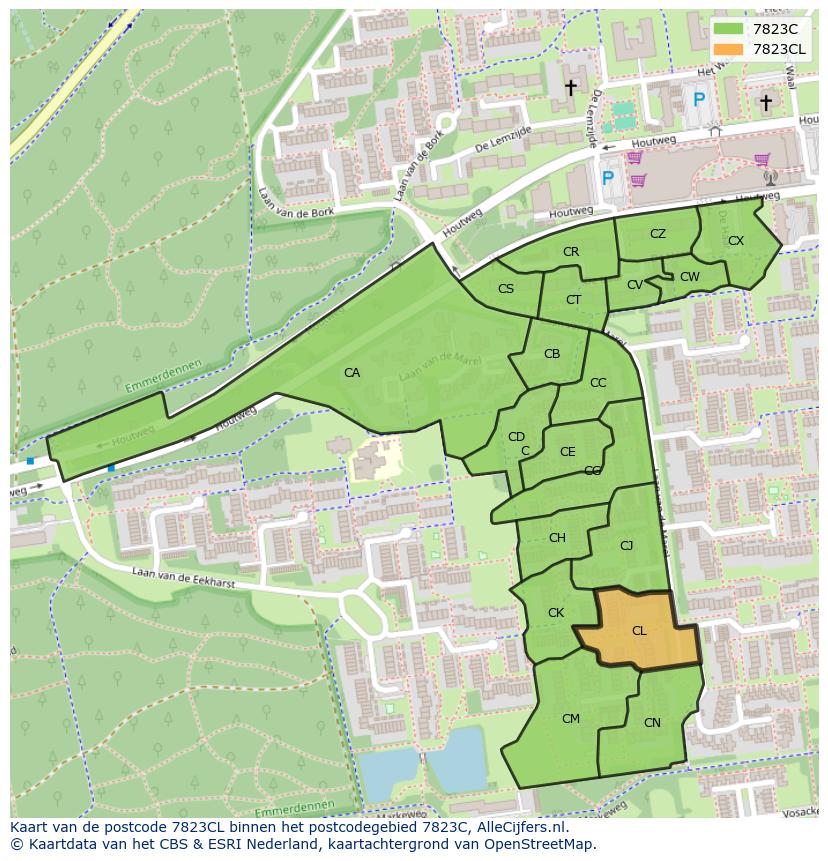Afbeelding van het postcodegebied 7823 CL op de kaart.