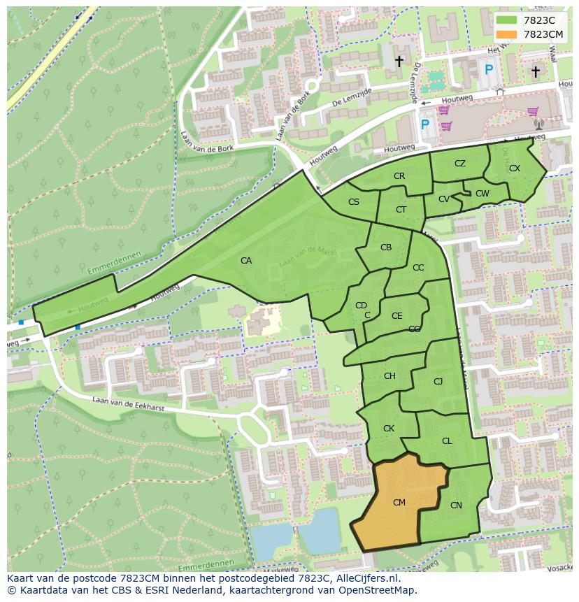 Afbeelding van het postcodegebied 7823 CM op de kaart.