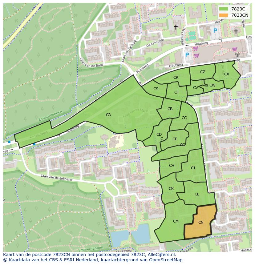 Afbeelding van het postcodegebied 7823 CN op de kaart.