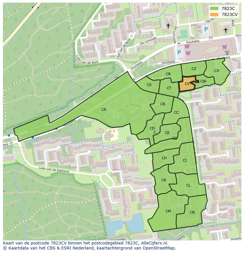 Afbeelding van het postcodegebied 7823 CV op de kaart.
