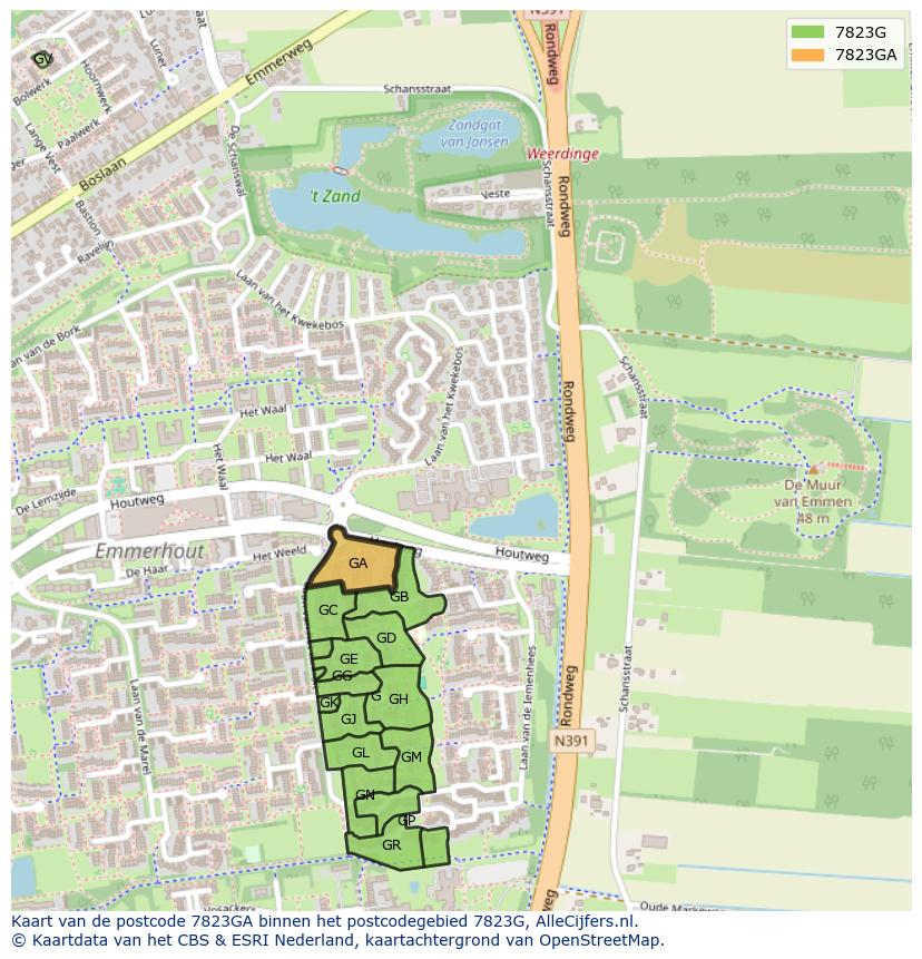 Afbeelding van het postcodegebied 7823 GA op de kaart.