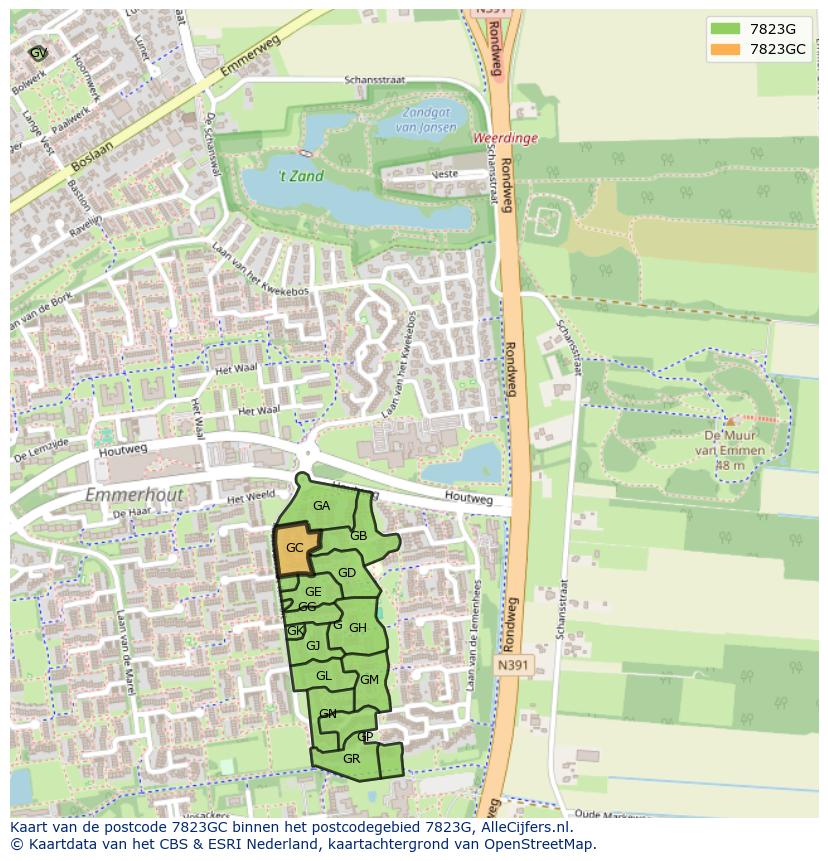 Afbeelding van het postcodegebied 7823 GC op de kaart.