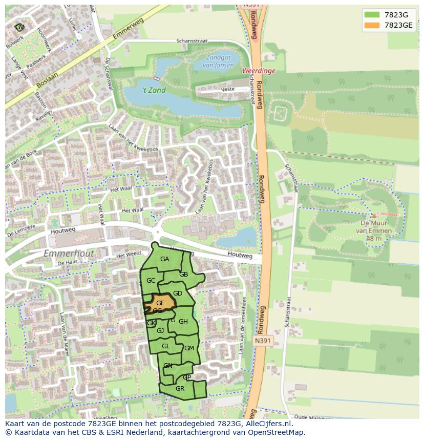 Afbeelding van het postcodegebied 7823 GE op de kaart.