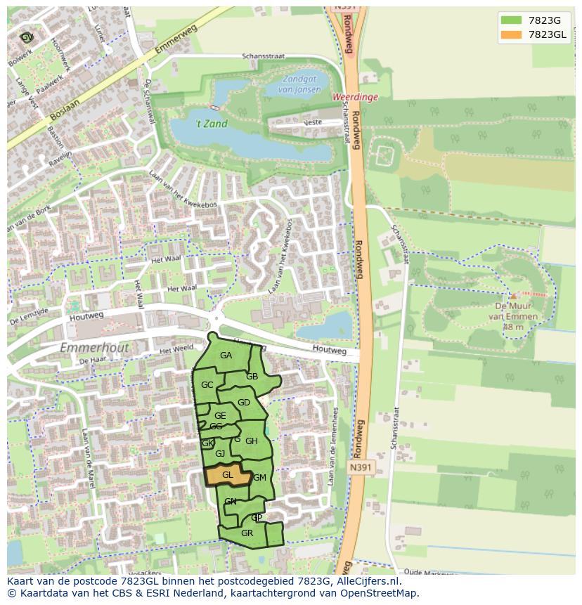 Afbeelding van het postcodegebied 7823 GL op de kaart.