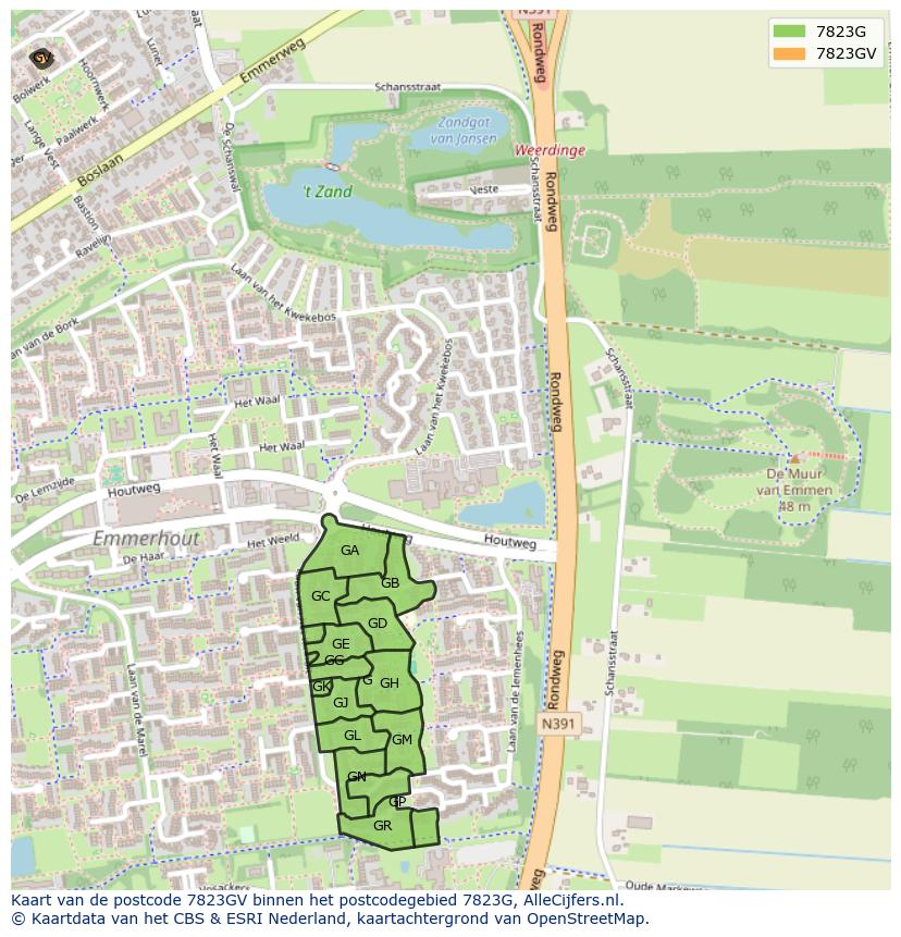 Afbeelding van het postcodegebied 7823 GV op de kaart.