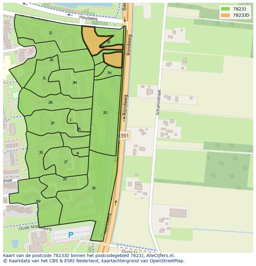 Afbeelding van het postcodegebied 7823 JD op de kaart.