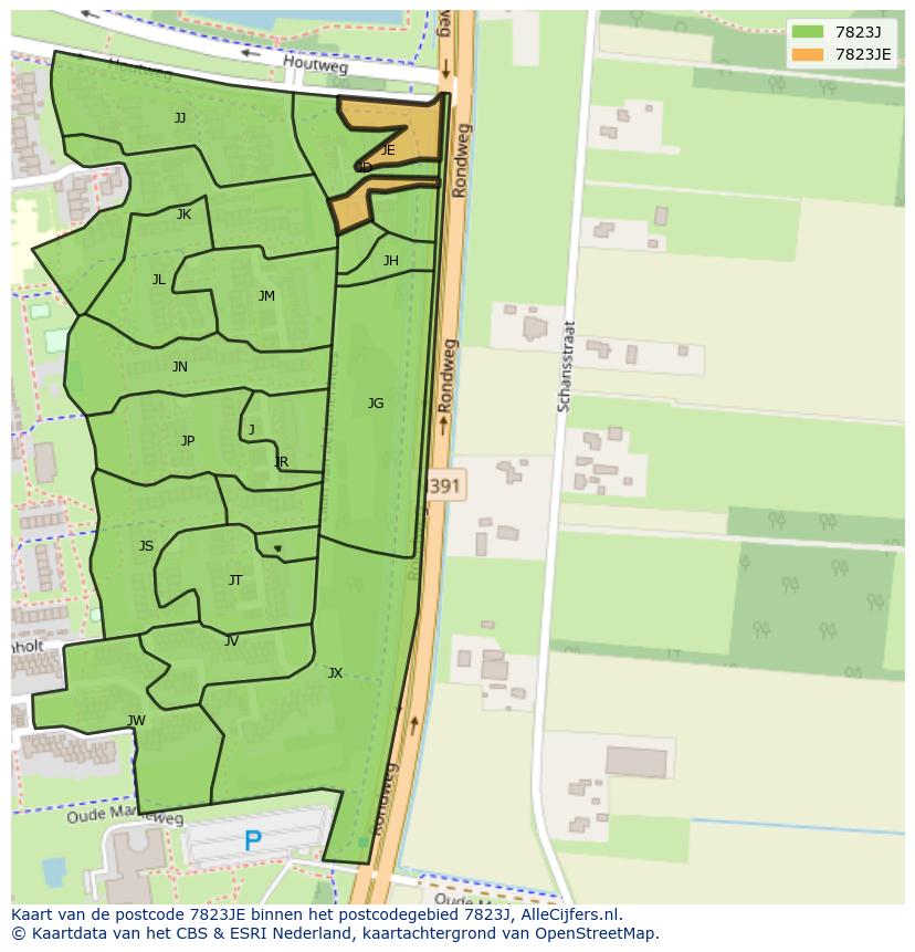 Afbeelding van het postcodegebied 7823 JE op de kaart.
