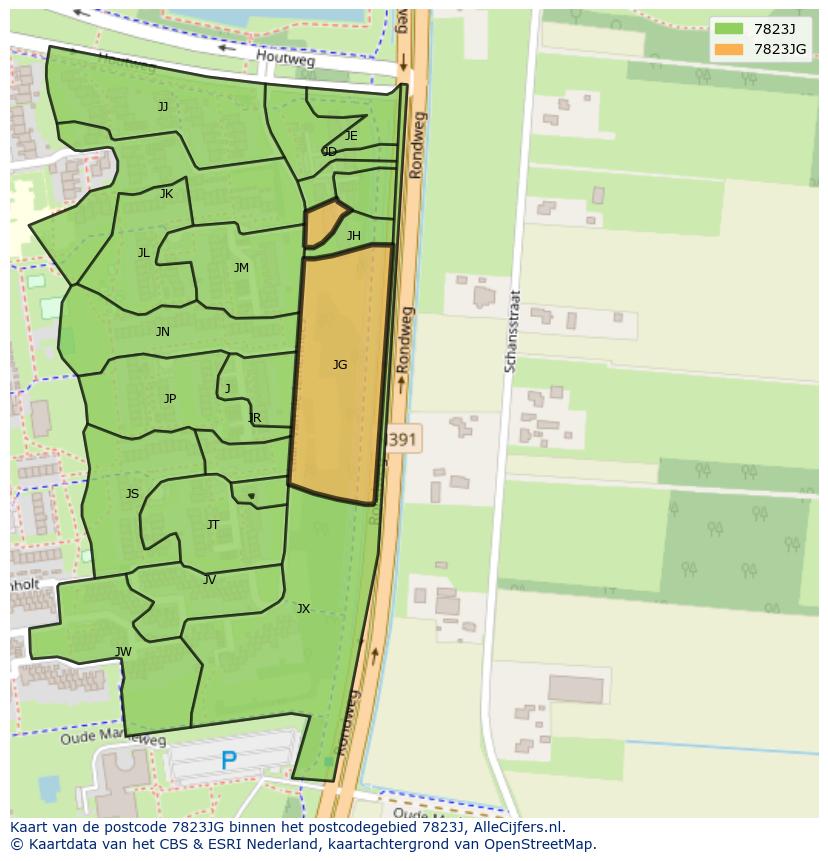 Afbeelding van het postcodegebied 7823 JG op de kaart.