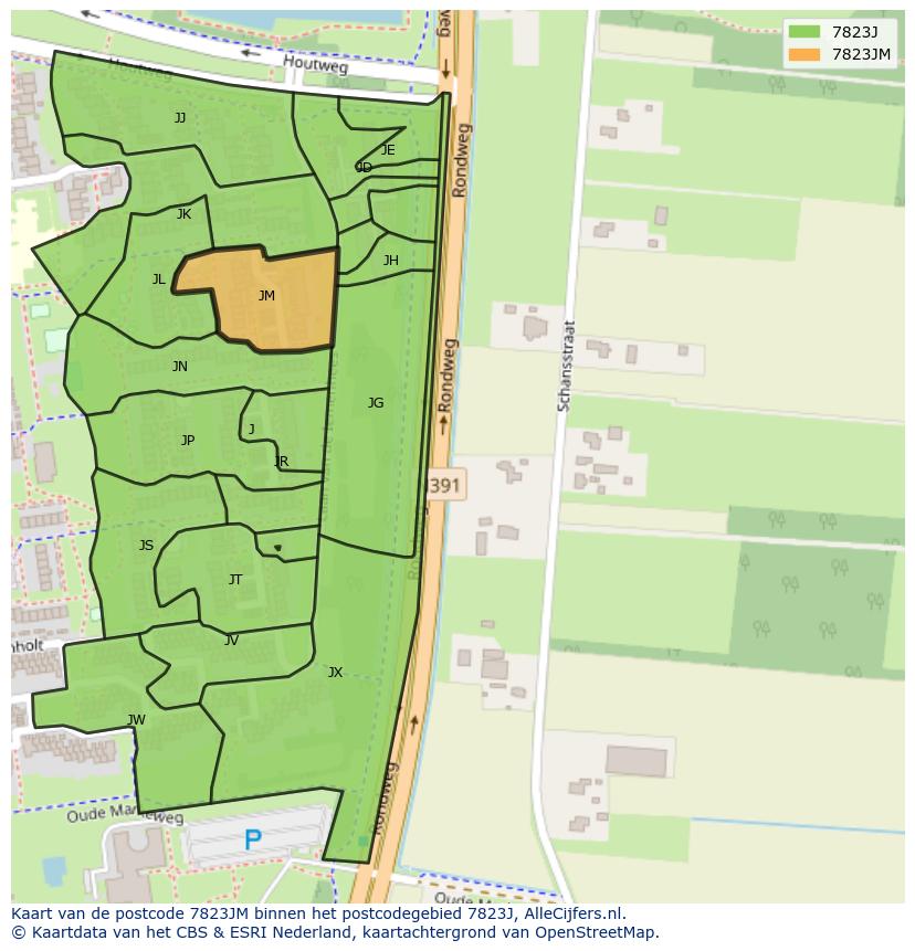 Afbeelding van het postcodegebied 7823 JM op de kaart.