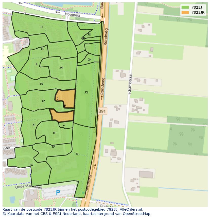 Afbeelding van het postcodegebied 7823 JR op de kaart.