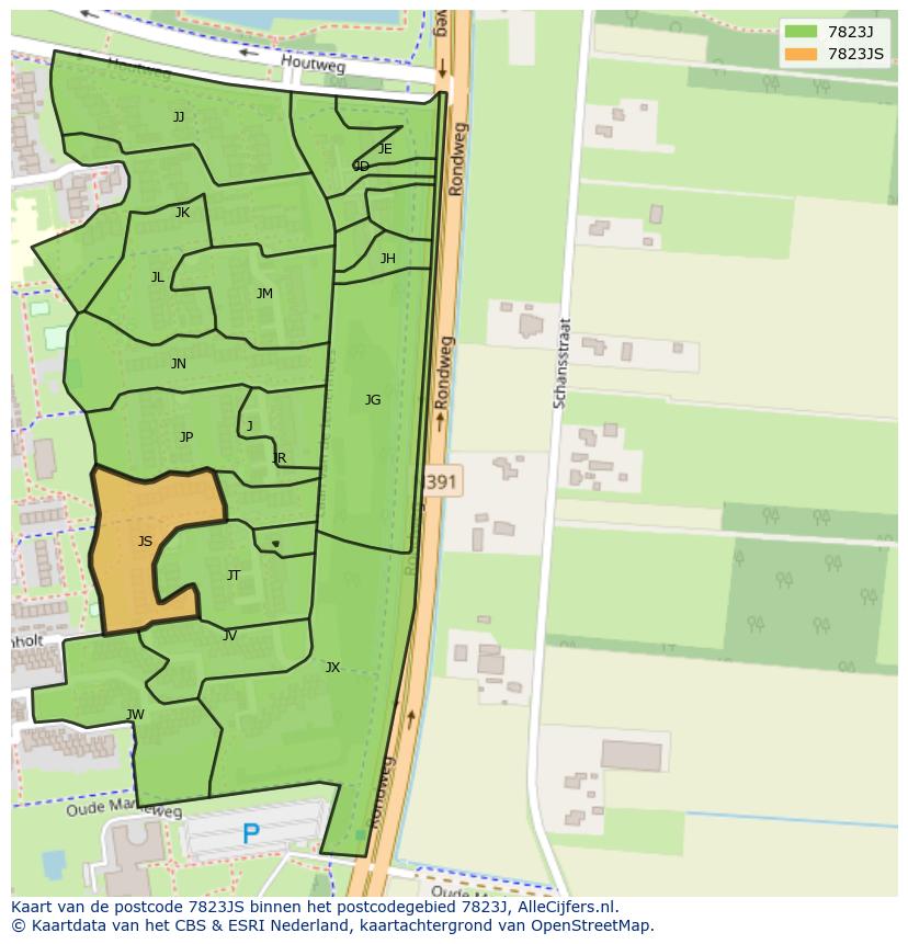 Afbeelding van het postcodegebied 7823 JS op de kaart.