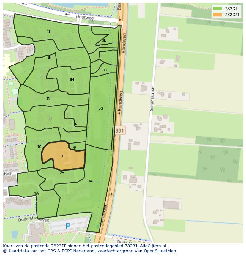 Afbeelding van het postcodegebied 7823 JT op de kaart.