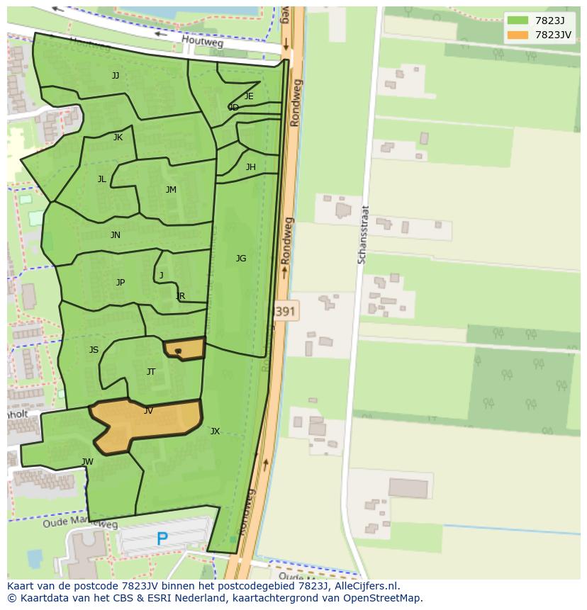 Afbeelding van het postcodegebied 7823 JV op de kaart.
