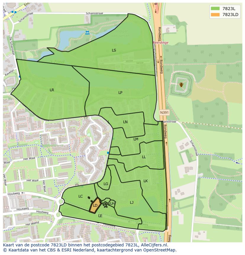 Afbeelding van het postcodegebied 7823 LD op de kaart.