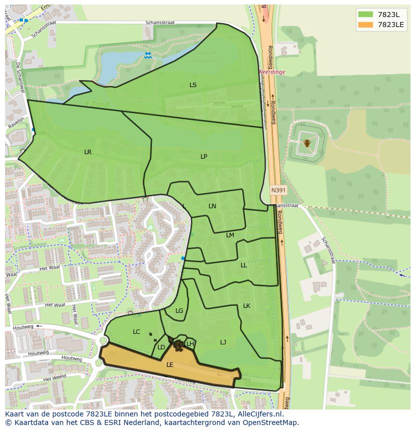 Afbeelding van het postcodegebied 7823 LE op de kaart.
