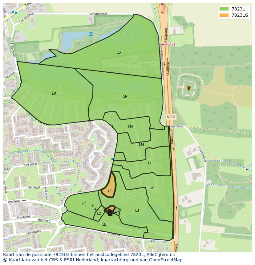 Afbeelding van het postcodegebied 7823 LG op de kaart.