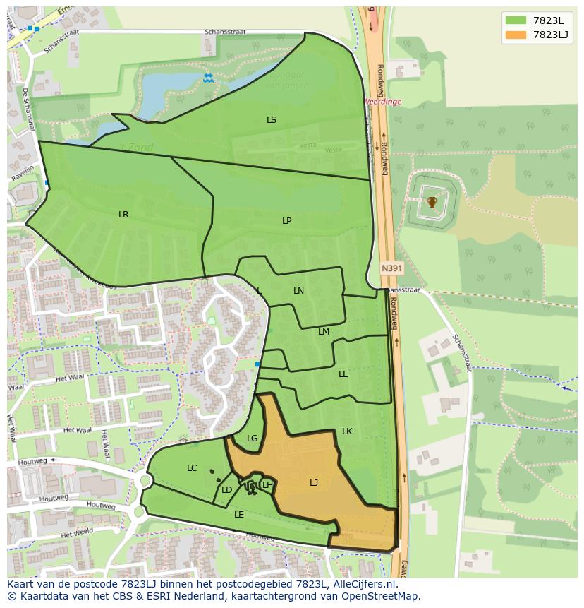 Afbeelding van het postcodegebied 7823 LJ op de kaart.